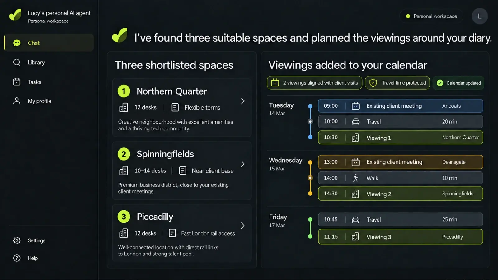 Lucy's AI agent recommends three flex offices and books viewings into her calendar