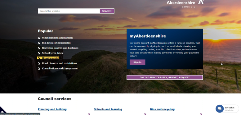 A screenshot of Aberdeenshire council's website, where 'housing portal' is highlighted to demonstrate tab control